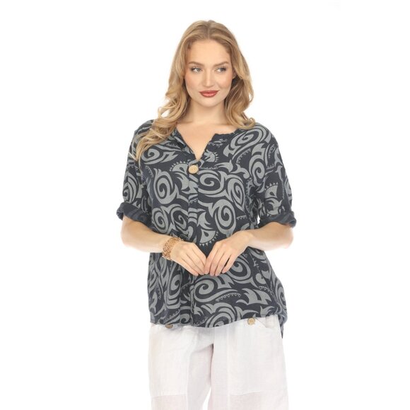 Navy Spiral Print V-Neck Button Detail Top - Picture 6 of 9